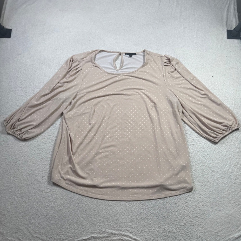 Adrianna Papell Blouse Womens 1X Tan Heart Print 3/4 Sleeve Exc Puff Sleeve